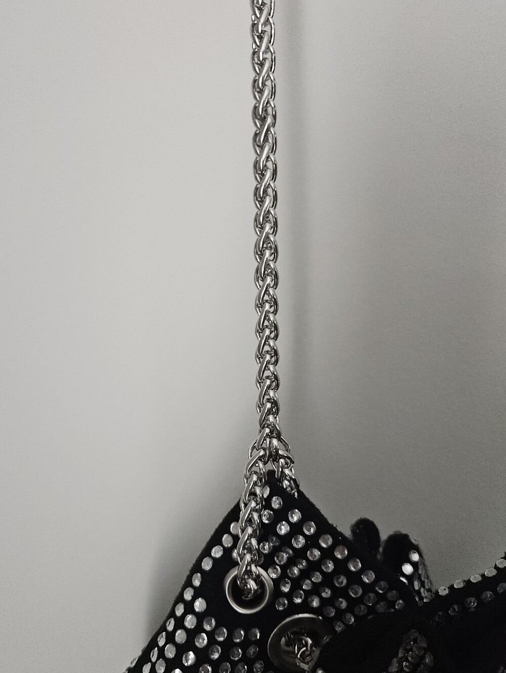 Black Rhinestone Mini Drawstring Bag With Chain - Picture 5 of 7